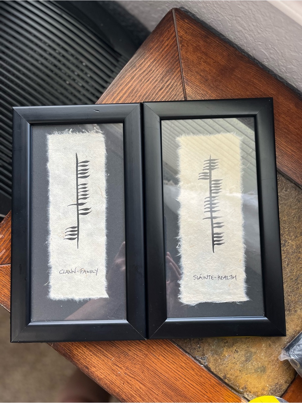 Ethel Kelly Framed Set of 2 Ogham Prints Clann/Family Sláinte/Health 2006
